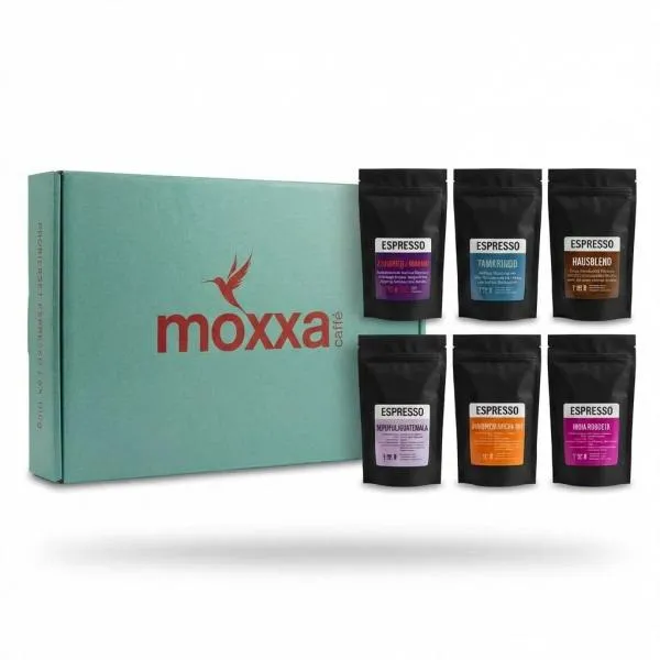 Probierset in der Farbe türkis mit 6x 100g Espresso-Sorten